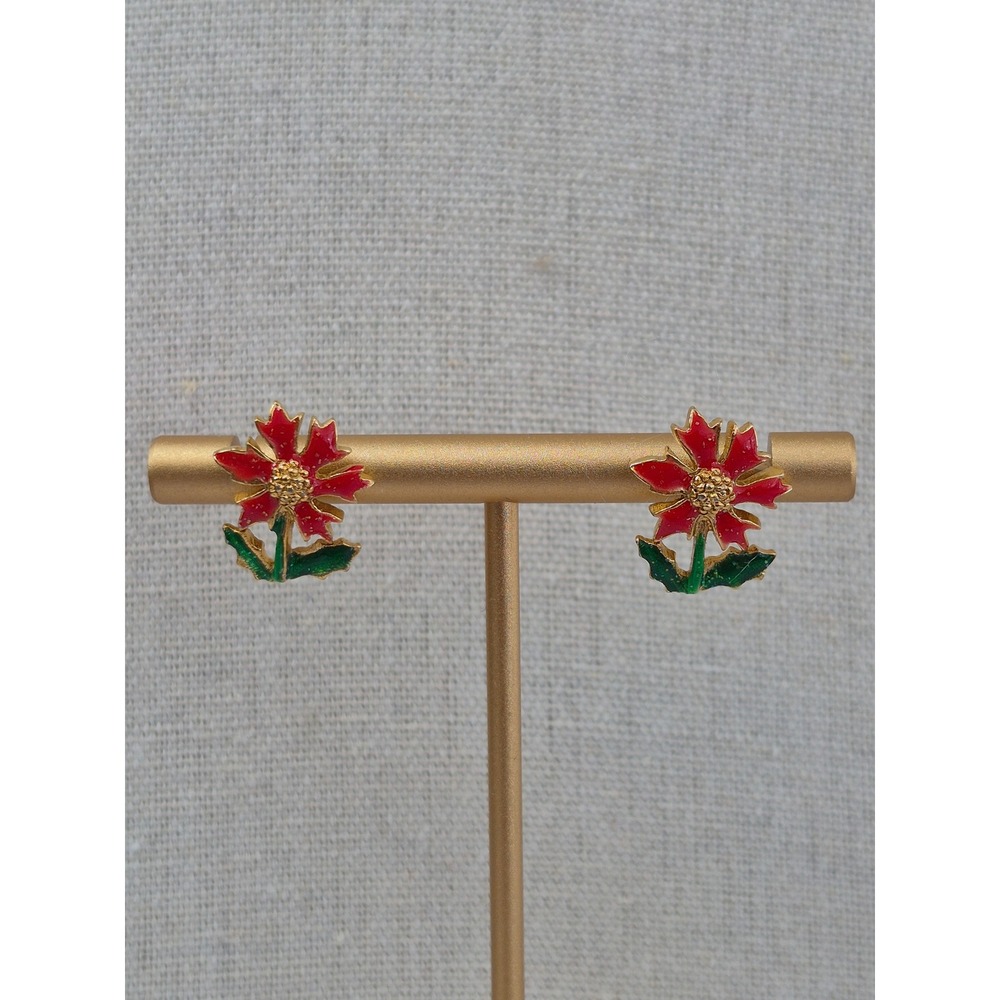Vintage Style Red Enamel Flower Stud Earrings Gold Tone Floral Botanical